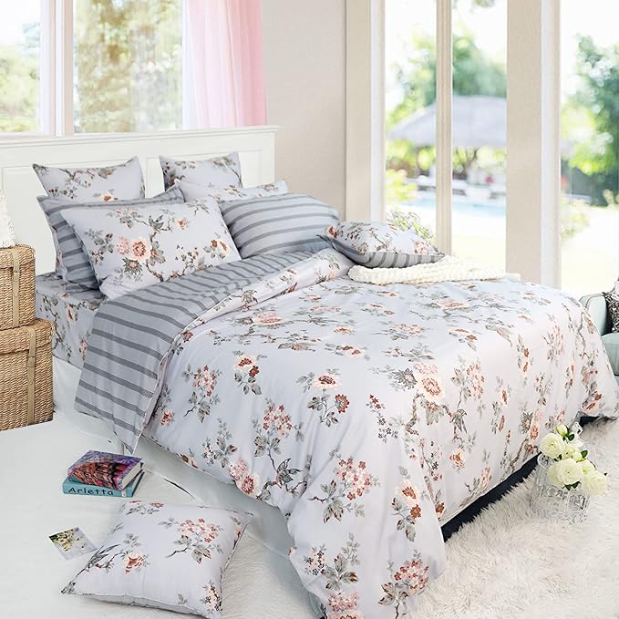 FADFAY Duvet Cover Set Full Elegant Floral Bedding Shabby Grey Bird Print Flower Quilt Cover Set Vintage Farmhouse Bedding 100% Cotton Soft Comforter Cover Set with Zipper Closure 3Pcs, Full Size