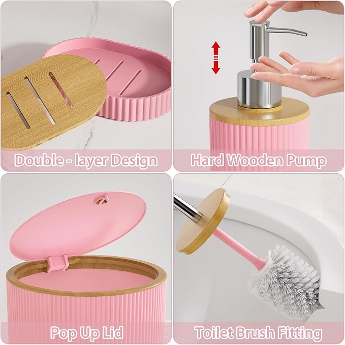 10PC Bathroom Accessories Set - Pink and Wooden Bathroom Sets, Bathroom Accessory Set with Pop Up Trash Can, Toilet Brush, Trash Can, Qtip Holder & Soap Dispenser
