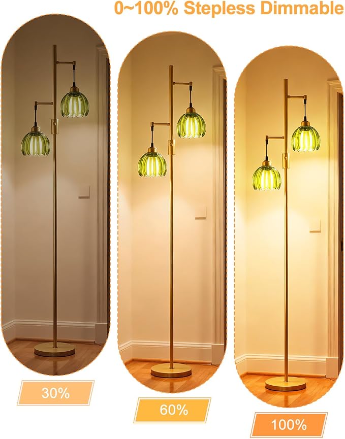 Lightdot 2-Light Glass Floor Lamp for Living Room, Dimmable Gold Floor Lamps with Green Glass Shade& Bulb Included, Modern Standing Tall Lamp with 5Lbs Heavy Base for Bedroom/Sofa Beside/Corner Decor