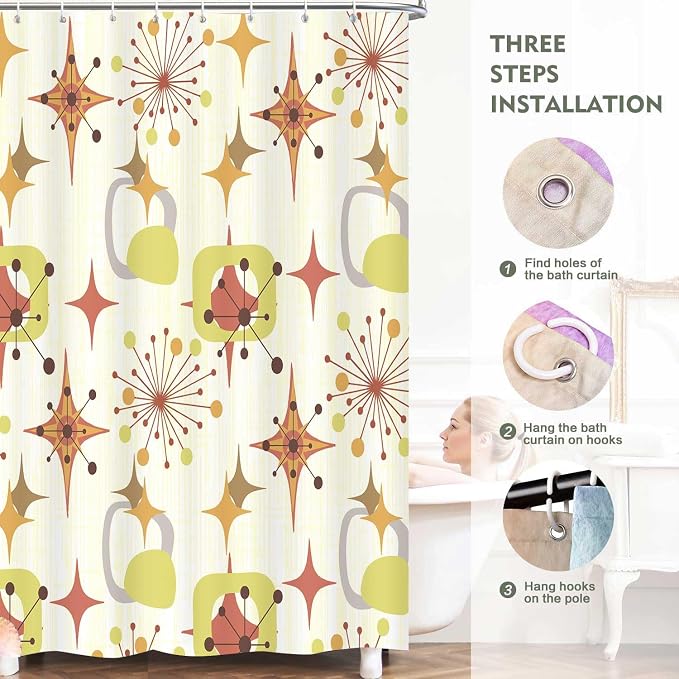 Mid Century Shower Curtain, 72x72inch, Modern Abstract Retro Yellow Striped Geometric Shower Curtain Sets 1950s Boho Bathroom Shower Curtain with 12 Hooks