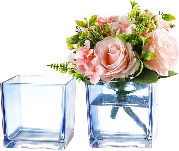 Square Blue Glass Vases Set of 2, 6" x 6" x 6" Square Vase for Centerpieces, Flower Vases for Centerpieces, Small Vase for Wedding, Party, Home Office Decoration