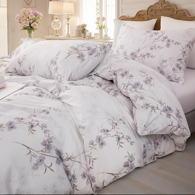 Floral Duvet Cover Queen Size - 100% Nature Cotton Reversible Grayish Flower Bedding Set with Zipper Closure, 3 Pieces Soft & Breathable Beige Comforter Cover