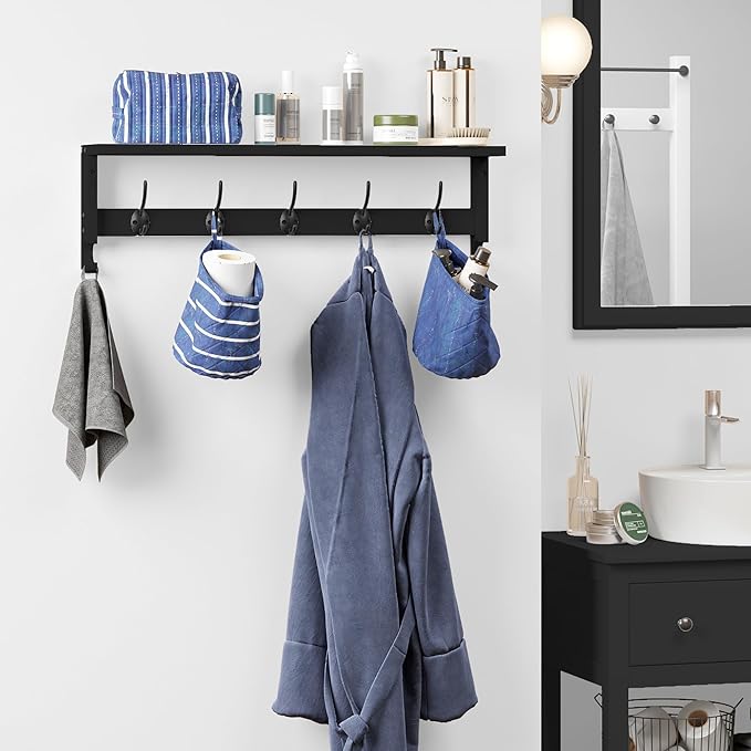 AMBIRD Coat Rack Wall Mount with Shelf, 28.9 Inches Coat Hooks Wall Mounted with 5 Hooks, Hat Wall Hooks for Hanging in Entryway, Living Room, Bathroom, Bedroom (Black, 28.9 * 4.5 inches)