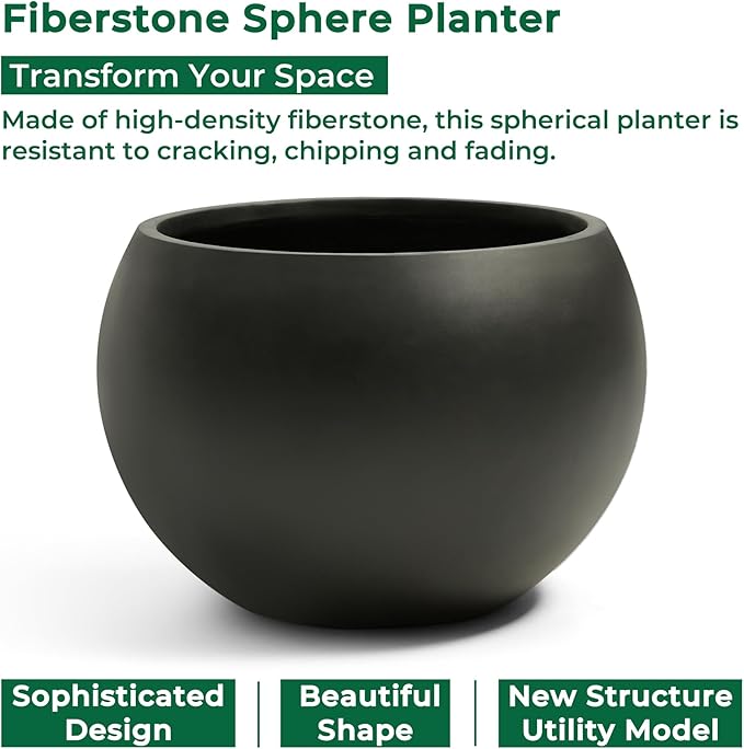 Fiberstone Sphere Planter, Black 19.3" Dia Large Flower Pot with Drainage Hole and Silicone Plug, Round Plant Container for Indoor or Outdoor, 15" Opening-13 H Large