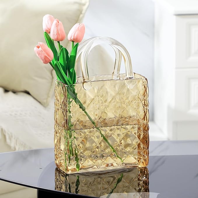 Glass Purse Vase, Glass Bag Vase, Amber Vases for Flowers, 12 Inch Large Flower Vases with Embossed Pattern for Wedding, Living Room, Bedroom, Table, Office(Tote)