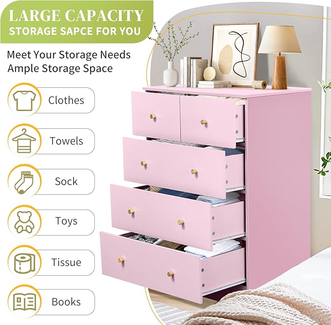 Karl home Pink 5 Drawer Dresser for Bedroom, Tall Dresser Chest of Drawers, Rustic Wood Bedroom Dressers Clothes Organizer, Anti-Tipping Device, Rose Gold Metal Handle, Living Room, Entryway, Office