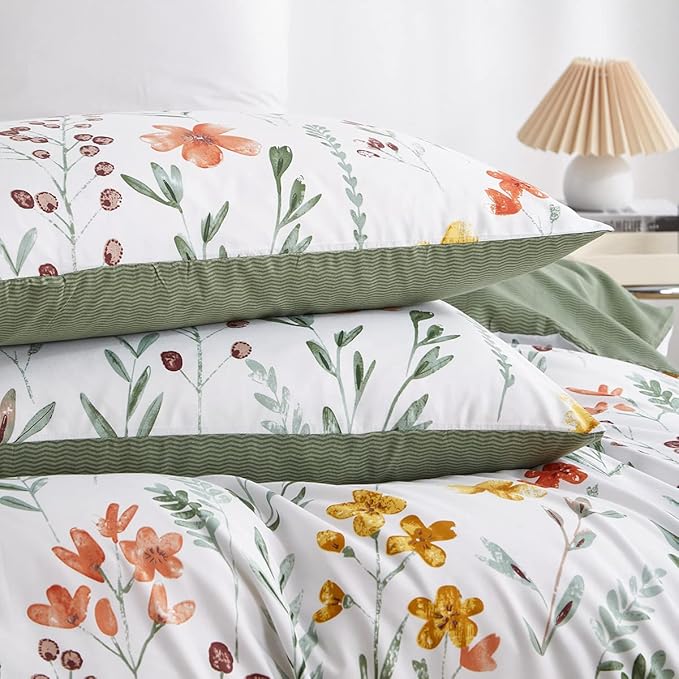 Nayoroom White Floral Duvet Cover King Size Green Botanical Leaf Yellow Flowers Printed Reversible Striped Bedding Set 3 Pieces Soft Microfiber Garden Style Comforter Cover with Zipper Ties