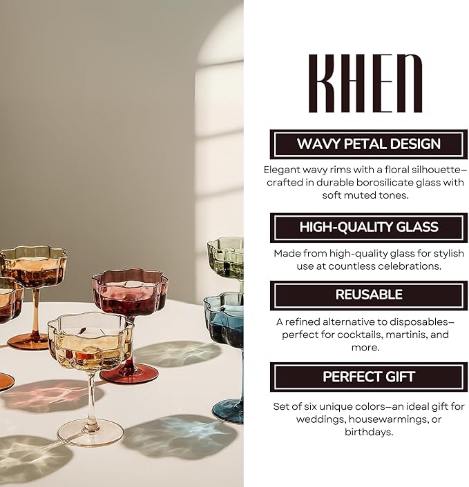 Flower Scalloped Vintage Wavy Petals Wave Glass Coupes 7oz Colorful Martini, Champagne & Cocktails, 6 Set Muted Pastel Shades Rippled Champagne Glasses, Elegant Bar Glassware, Aesthetic Cute Coupe