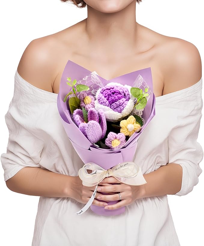 Crochet Flowers Bouquet Gift for Wife Girlfriend Fiancee Mother Women, Handmade Artificial Knit Purple Rose Tulip Flower for Wedding Anniversary Birthday Valentine's Day Present, Home Decor