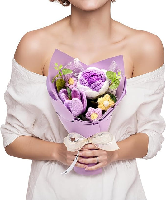 Crochet Flowers Bouquet Gift for Wife Girlfriend Fiancee Mother Women, Handmade Artificial Knit Purple Rose Tulip Flower for Wedding Anniversary Birthday Valentine's Day Present, Home Decor
