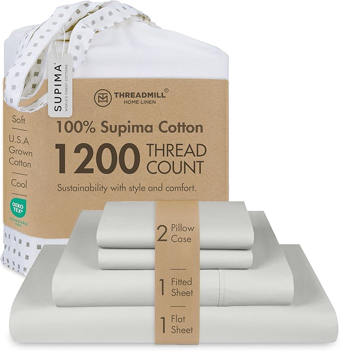Threadmill Luxury Supima Cotton Sheets, Luxury 1200 Thread Count Soft 100% Cotton Sheets for Full Size Bed, 4 Pc Light Grey Bed Sheets Full Set, 5-Star Hotel Quality Deep Pocket Bed Sheets Set
