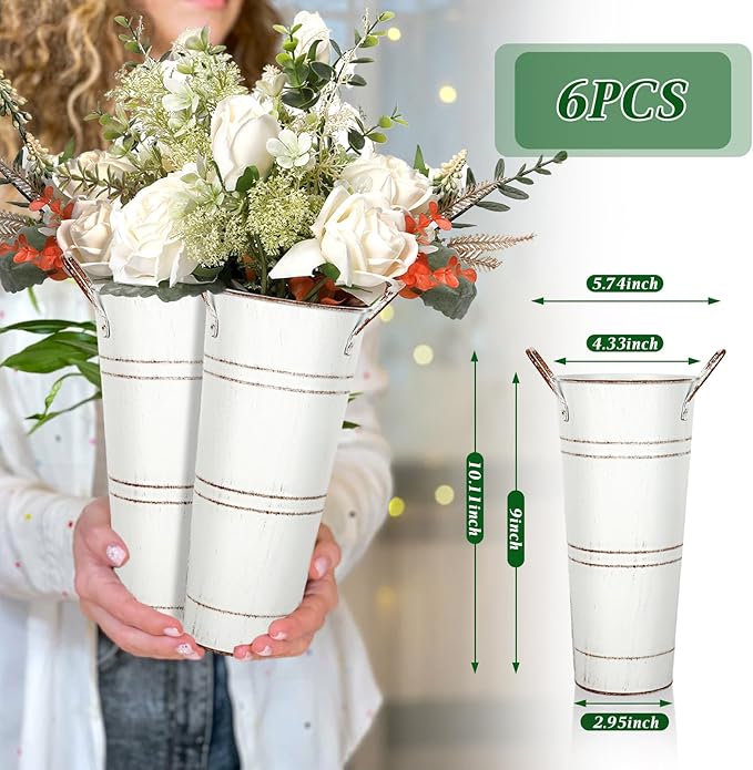 9 Inch High Galvanized French Bucket Vase with Handle 6Pcs White Metal Farmhouse Flower Vases Ideal for Dried Floral Arrangements at Home for Weddings Gift Spa and Aromatherapy Settings O4