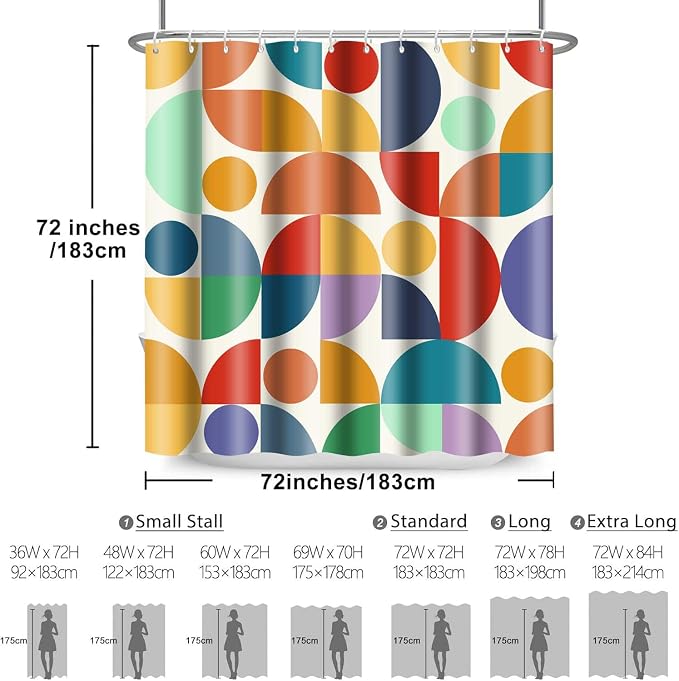 Vintage Colorful Rainbow Mid Century Shower Curtain Modern Abstract Geometric Art Bathroom Curtain Decor 72x72 Inch Washable Fabric Bright Retro Boho Circle Patterned Bath Curtain with 12 Hooks