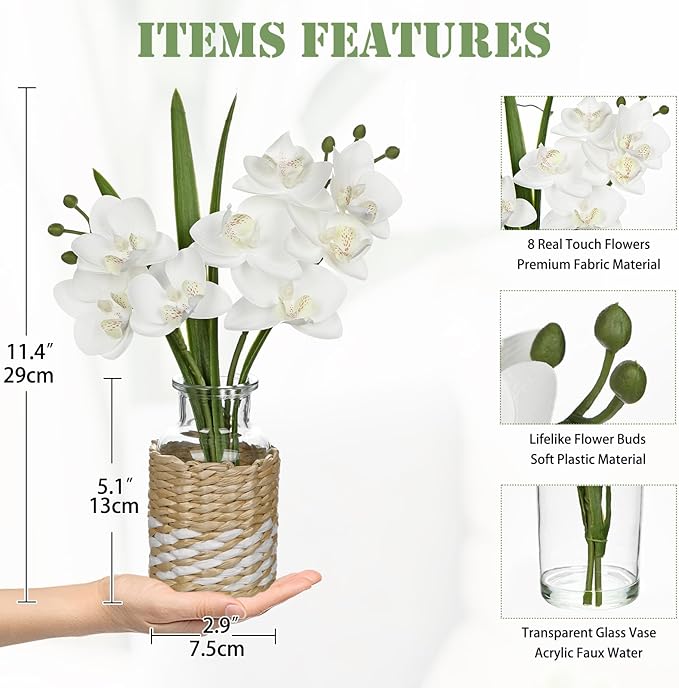 Oairse White Orchids Artificial Flowers with Vase, Small Faux Orchid Arrangement Fake Flower in Woven Glass Vase Small White Centerpieces for Kitchen Dining Room Tables Bathroom Nightstand Decor