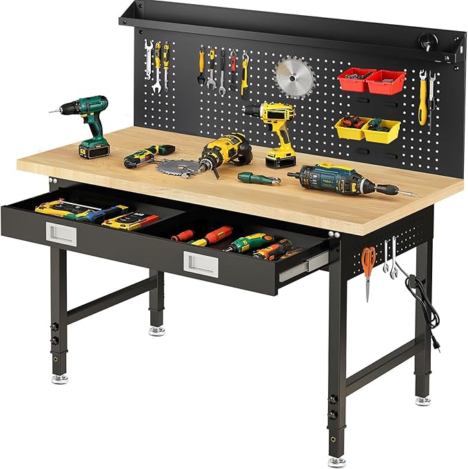 60" Adjustable Work Bench with Drawers, Workbench for Garage with Strip Light, Work Table with Large Pegboard, 2000 LBS Heavy Duty Table with Power Outlet Rubber Wood for Office, Workshop