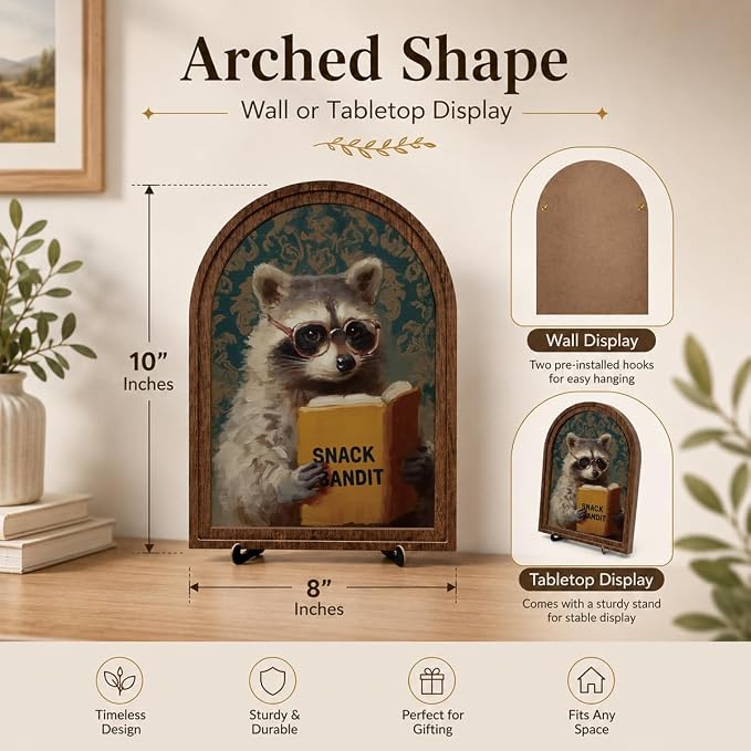 Wooden Tabletop Sign Funny Raccoon Decor for Bookshelf Desk Shelf, Arched Wood Frame Vintage Reading Animal Art, Rustic Home Office Display Accent for Animal Lovers