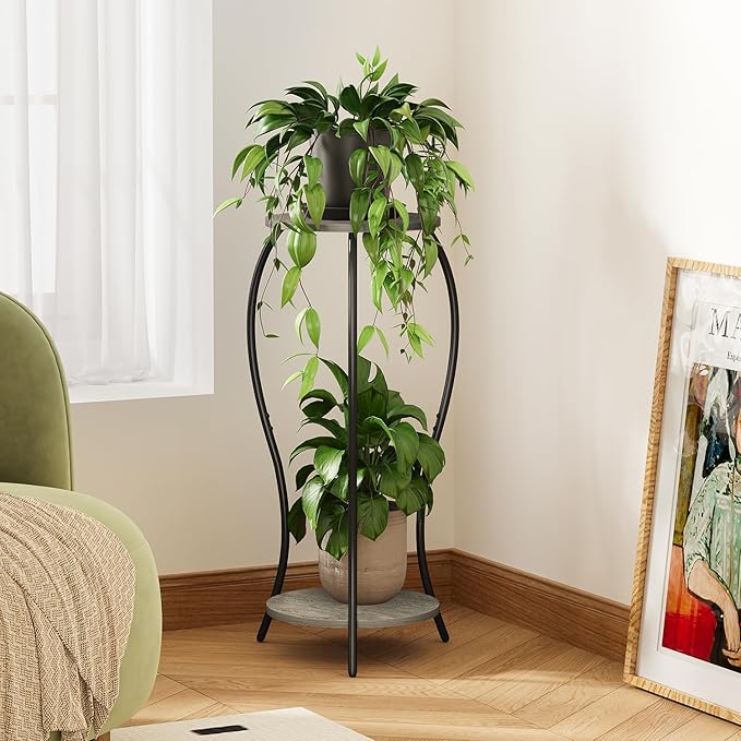 Plant Stand Indoor, 2 Tier Round Tall Plant Stand, Flower Pot Stand, Plant Shelf Rack, Corner Plant Stand for Planter Garden Balcony Patio Living Room, Grey