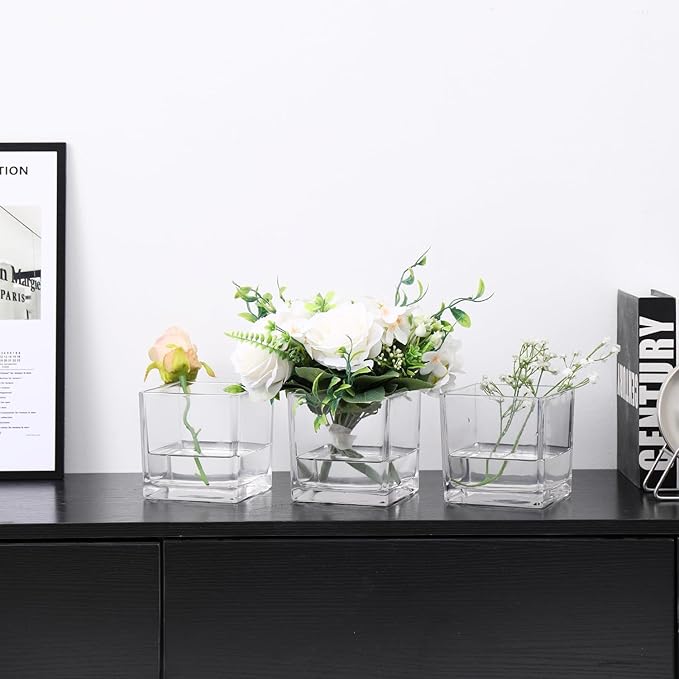 MARTAGE Square Glass Vases Set of 4, 5" x 5" x 5" Clear Flower Vases for Centerpieces, Square Vase for Flowers, Small Vase for Wedding, Party, Home Office Decoration