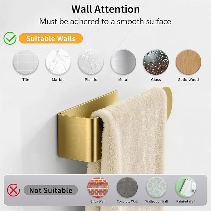 2 Pack Gold Hand Towel Holder, Adhesive Towel Bars Wall Mounted, 8 Inch Square Hand Towel Racks Stick on Wall for Bathroom Kitchen