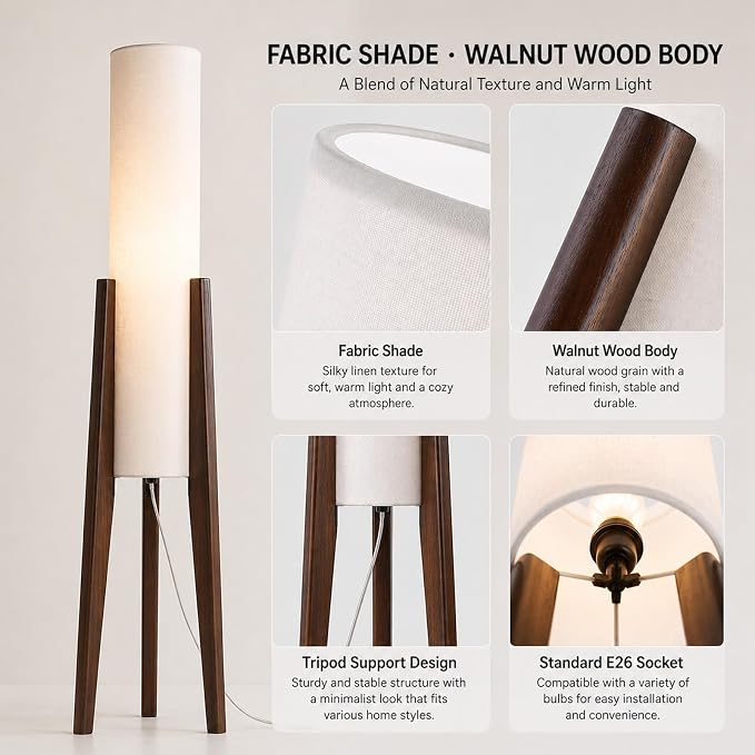 MIXL-Walnut Wood Finish Tripod Floor Lamp,Cylinder Shade Tall Standing Lamp,Rustic Living Room Floor Lamp,Mid Century Modern Standing Light for Bedroom Office