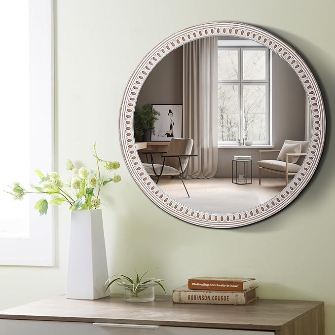 24 Inch Rustic Farmhouse Round Wood Wall Mirror, Decorative Circle Mirrors for Bathroom Over Sink, Living Room, Entryway, Bedroom