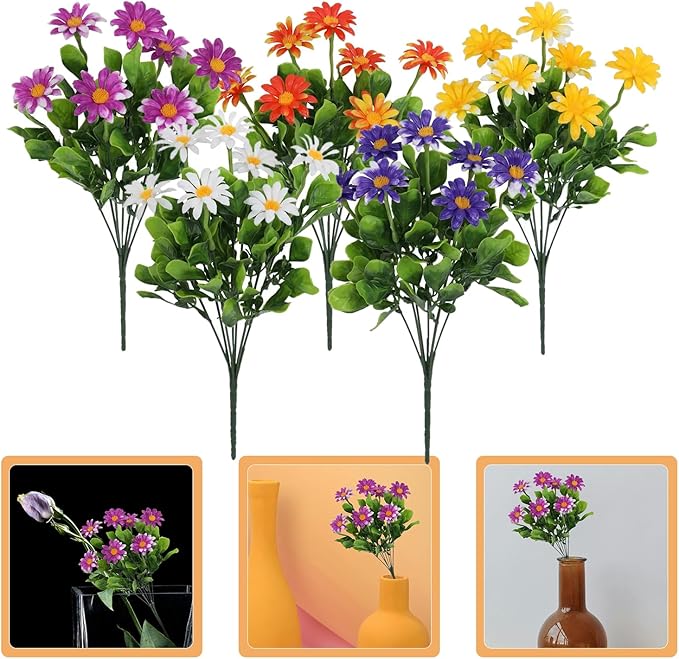 LOGOFUN 10pcs Artificial Chrysanthemum Daisy Bouquet Faux Plastic Flowers for Home Garden Decor