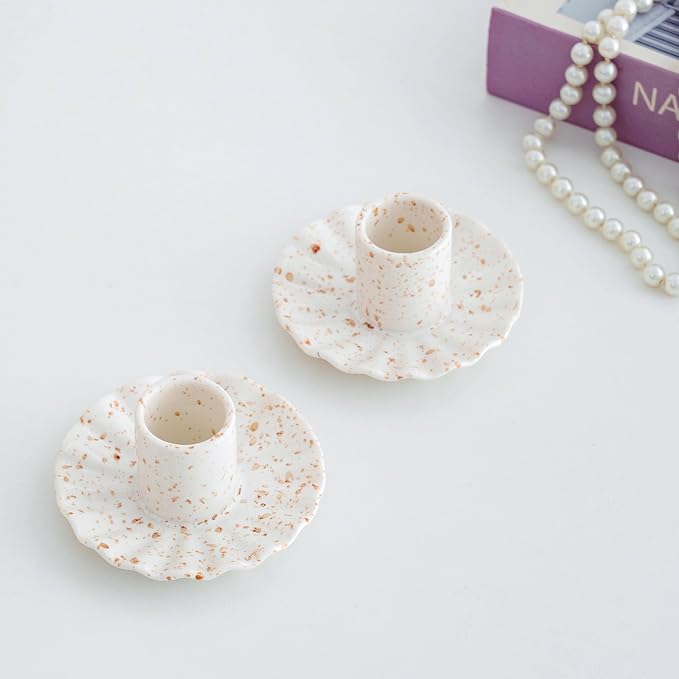 Ceramic Taper Candle Holders for Table Centerpiece, Decorative Candlestick Holders for Home Wedding Party, Housewarming Gifts, Pack of 2, Round Shape, White with Brown Splatter Ink Design