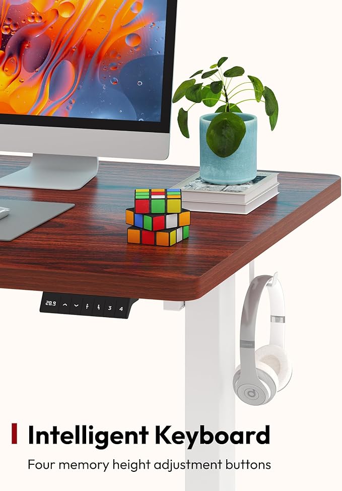SANODESK Electric Standing Desk 48 x 30 Inches Whole-Piece Desktop Height Adjustable Stand Up Desk w/6-Button Controller Ergonomic Computer Desk for Home Office, White Frame + Mahogany Tabletop