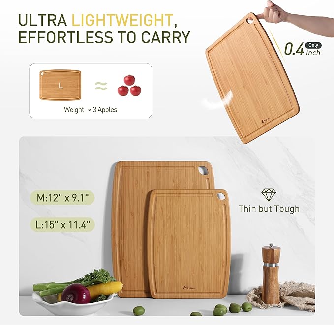 Lightweight Durable Bamboo Cutting Board Set with Non-Slip Feet, Wooden Cutting Boards for Busy Kitchen, Easy Storage & Clean Wooden Chopping Boards with Juice Groove Set of 2 (M+L)