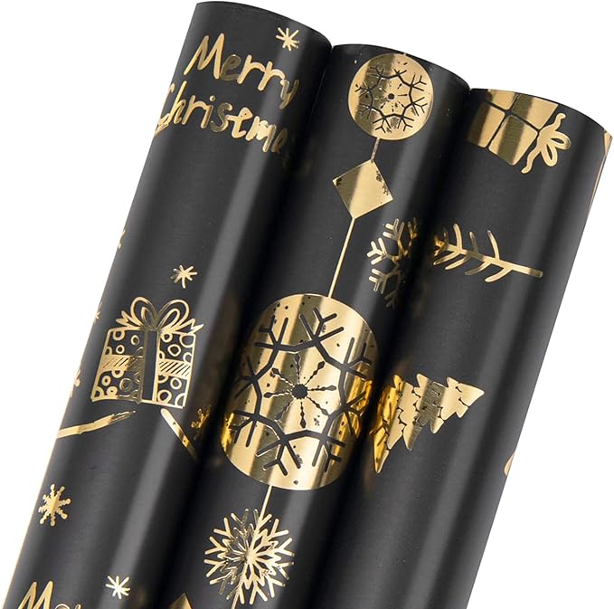 Linnoptimix Christmas Wrapping Paper Rolls -3 LARGE ROLL-27inch*78 inch per roll Colorful Foil Black wrapping paper(Christmas 3 Black/Gold（001）)