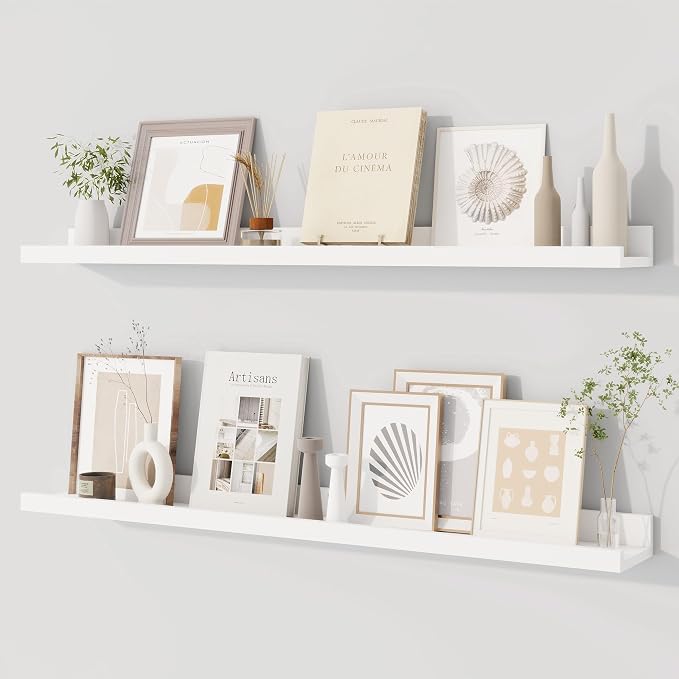 Dreamland Picture Ledge Shelf for Wall, Floating Shelves Set of 2, 36 Inch Long Floating Shelves with Lip for Living Room, Bedroom, Bathroom, Kitchen, White