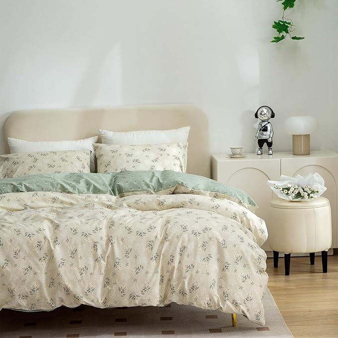 Floral Comforter Set King 3 Pieces Soft Chic Garden Style Green Floral Print Lightweight Botanical Flower Comforter Set for All Seasons 1 Comforter and 2 Pillowcases