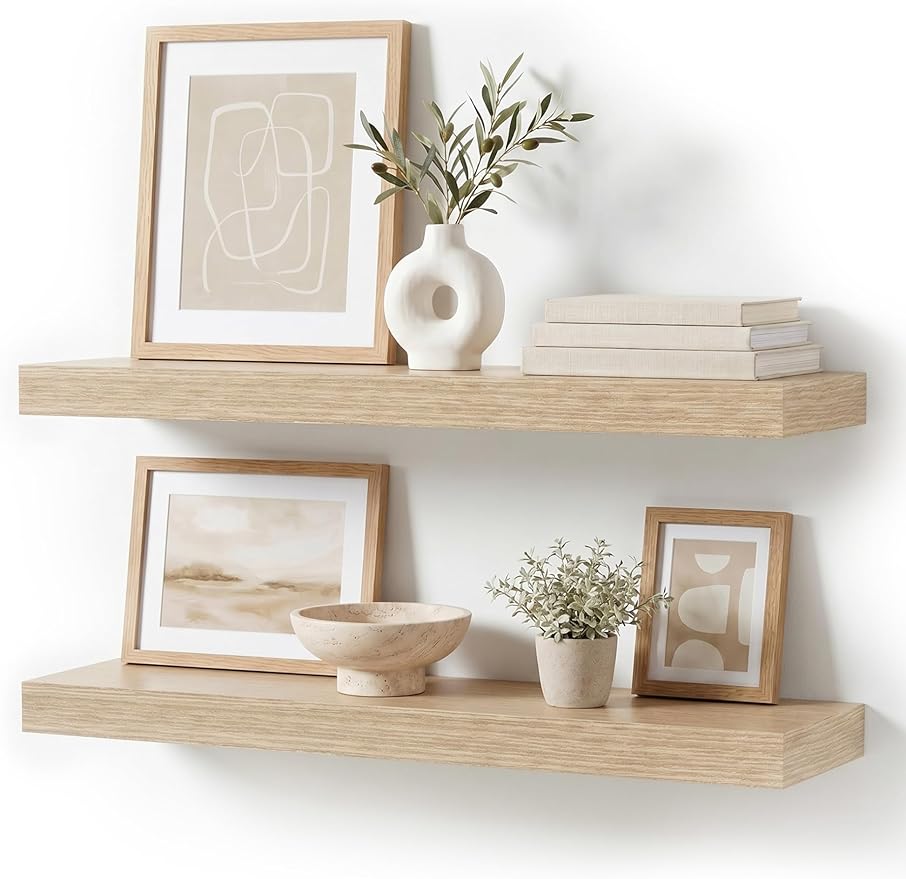 Oak Floating Shelves for Bathroom & Living Room Decor, 24 Inch Rustic Wood Wall Mounted Shelves for Plants, Books, Towels & Storage Display, Set of 2