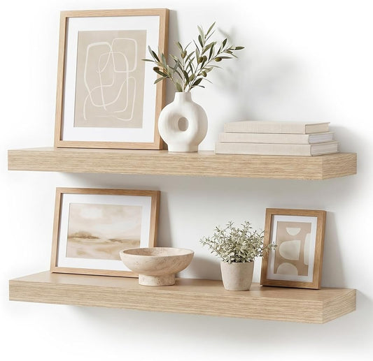 Oak Floating Shelves for Bathroom & Living Room Decor, 24 Inch Rustic Wood Wall Mounted Shelves for Plants, Books, Towels & Storage Display, Set of 2