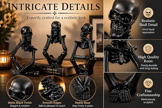 Black Skeleton Decor Set of 3, Thinker Skeleton Figurines for Home Decor, Gothic Shelf Decor Aesthetic, Resin Halloween Decorations for Bookshelf, Desk, Coffee Table