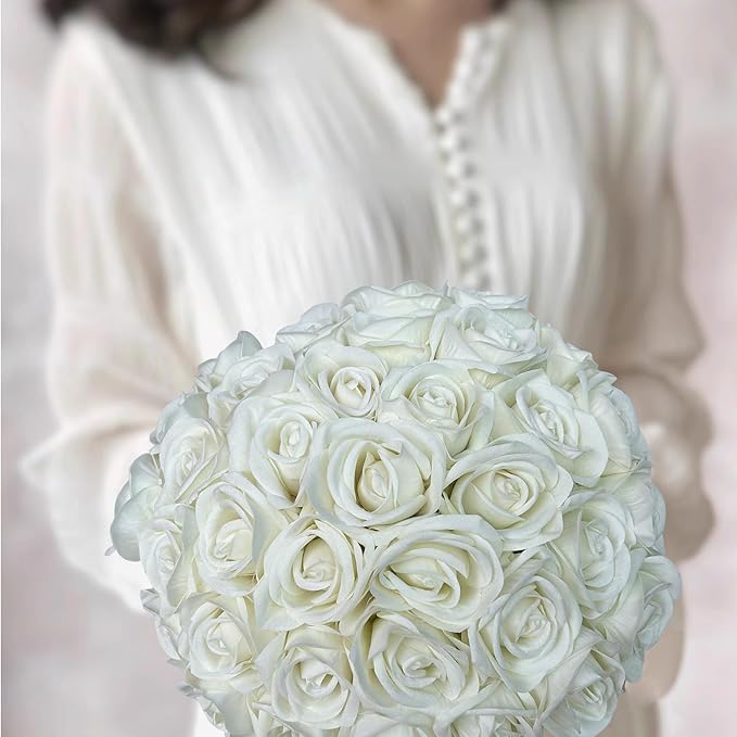 FagusHome 30 Pcs Silk Rose Artificial Flowers Roses Bulk Bouquet Fake Flowers Rose Heads with Stems for Home Wedding Decor (White)
