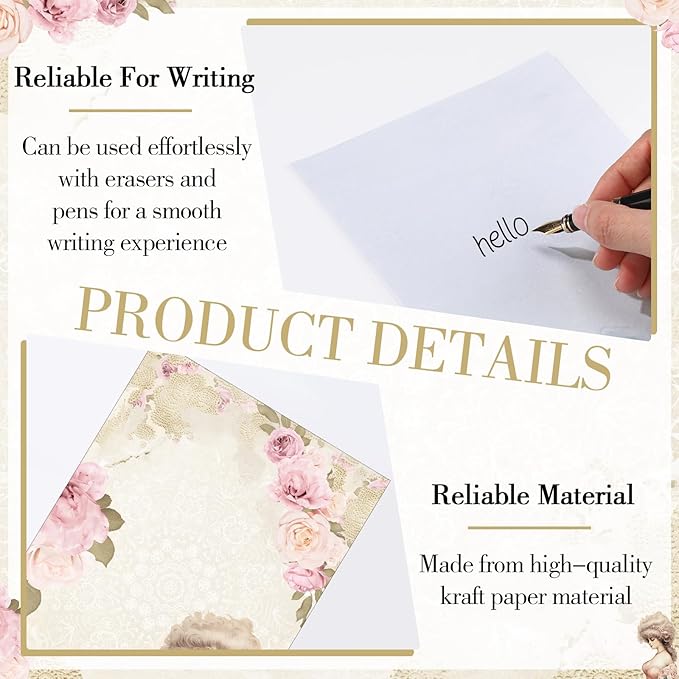 Supervitae 120 Pack Victorian Floral Stationery Paper, 8.27 x 5.51 Inch Double Sided Printing with Rose Border, Vintage Classical Stationery Letter Sheets for Writing Printing Crafts, 6 Designs