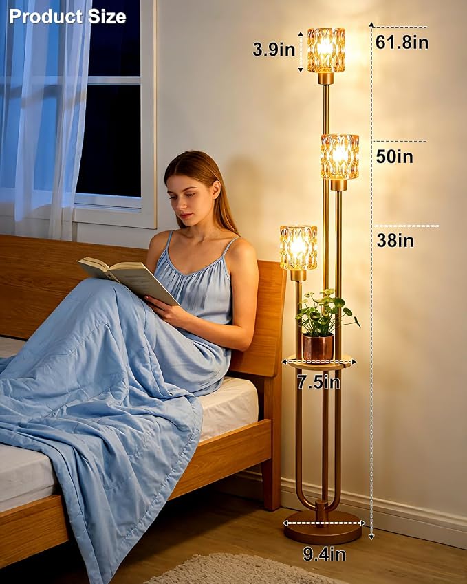 62IN Gold Floor Lamp with Amber Glass Shade 3-Lights Mid-Century Modern Farmhouse Floor Lamps with 3000K Warm White Bulbs, Tall Standing Lamp 5Lbs Heavy Base for Living Room/Bedroom/Corner
