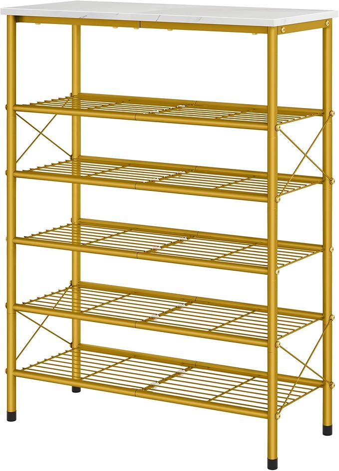 Tajsoon 6 Tier Shoe Rack Organizer for 20-24 Pairs of Shoes, Metal Mesh Shoe Shelf for Closet, Industrial Shoe Rack for Entryway Shoe Storage with X Shape Fixed Frame, White & Gold