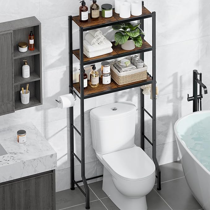 Kitsure Over The Toilet Storage Cabinet, Sturdy Bathroom Organizer, Easy Assembly, 3-Tier Shelf (61" H), Space Saving Storage for Small Bathroom, Heavy Duty Metal Frame, Brown & Black
