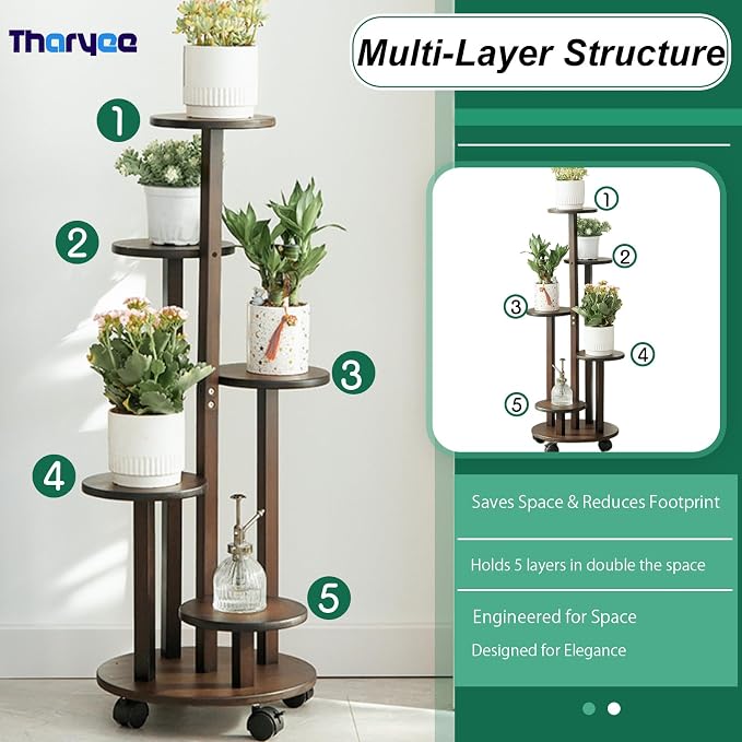 5 Tier Plant Stand Indoor, Wood Plant Shelf Corner Display Rack with Wheels, Multiple Plants Ladder Holder for Living Room Balcony Bedroom Garden Patio (Dark brown, 5 Tier)
