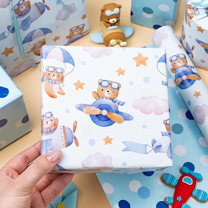 HOMERAL Baby Boy Wrapping Paper Roll - Adorable Blue Pilot Bear Design, Reversible Gift Wrap for Boy Birthday, Boys Baby Shower, Gender Reveal - Stars, Dots, Airplane and Parachute - 17 Inch x 33 Feet