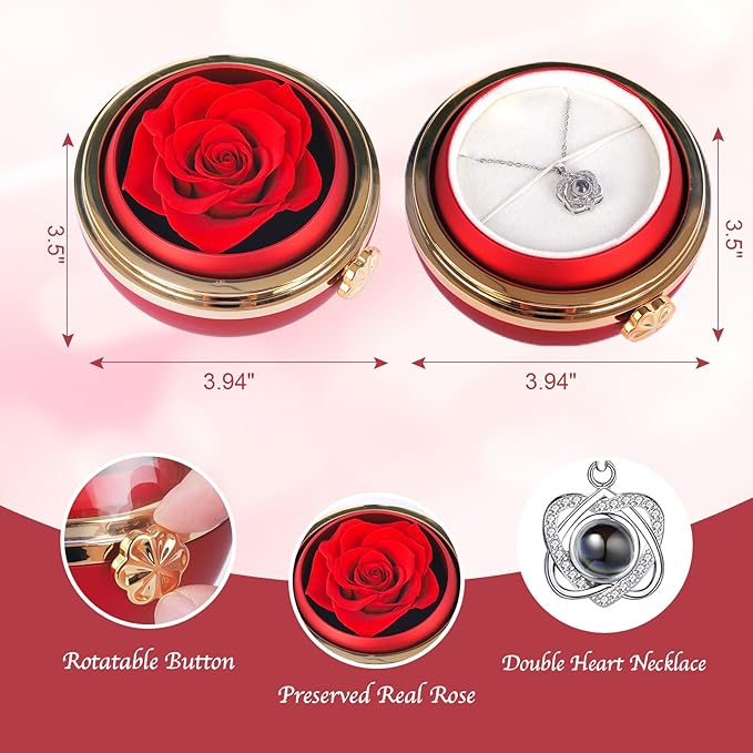 Rotating Preserved Real Rose Gift Box with I Love You Necklace – Spherical Eternal Flower Gifts for Mom, Wife, Grandma, Girlfriend – Forever Love Women Gifts for Christmas, Valentine’s Day (Red)