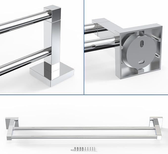 RUACQ Double Towel Bar, 24 Inch Towel Racks for Bathroom Wall Mounted, 304 Stainless Steel Bath Towel Rod with Square Base(Chrome)