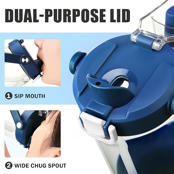 Glass Tumbler with Carry Handle, Clear Glass Water Bottle with Leakproof Lid, Spout Lid&Straw, BPA-Free, 32 oz, DBlue