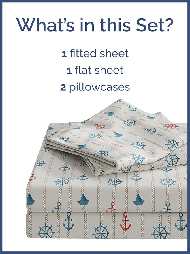 Kids Anchors Full 4 Piece Sheet Set - Boys, Girls, Teens, Toddler - Easy Fit Deep Pockets - Breathable, Hotel Quality Bedding Sheets - Machine Washable - Wrinkle Free - Cute, Cozy, Soft - CGK Linens