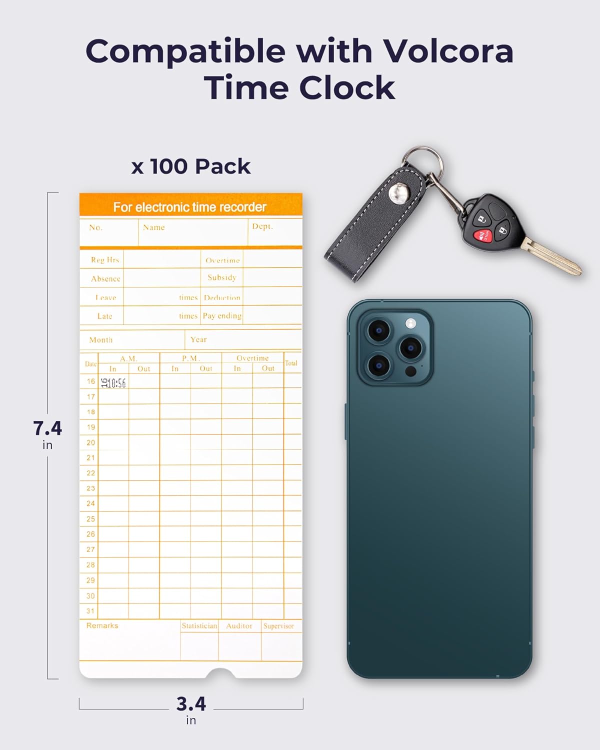 Volcora Time Cards - 100 Pack Two-Sided Timecards for Employees | 7.4 x 3.4 Inches, Overtime Tracking