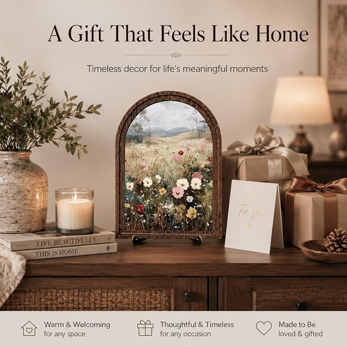 Rustic Farmhouse Tabletop Decor Sign, Arched Wooden Frame with Stand, Soft Wildflower Meadow Art for Living Room Dining Room Bedroom, Warm Gift for Friends