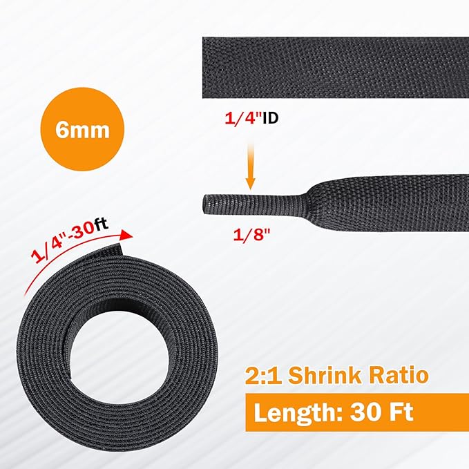 FOURUB 2:1 Ratio Flat Heat Shrinkable Braided Sleeving,Electrical Insulating Tubing,Durable Automotive Fabric Harness Shrinking Sheath (1/4"-30ft)