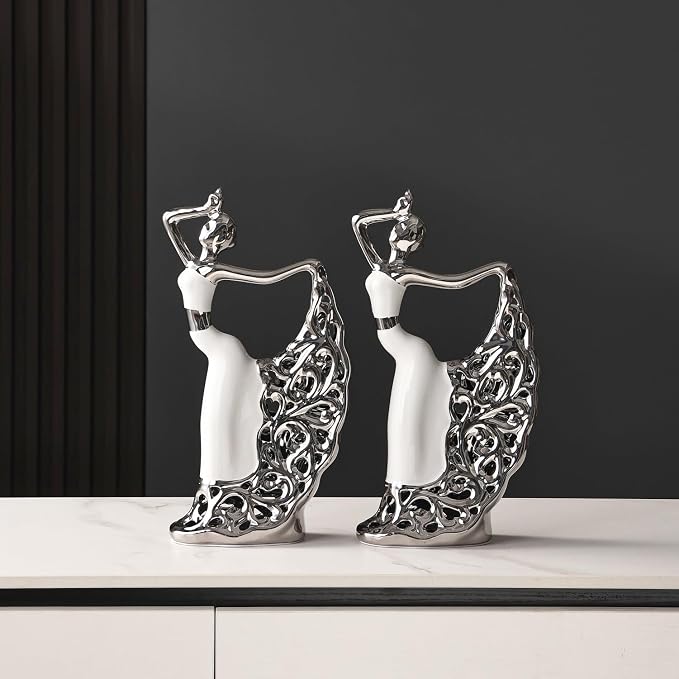 2 Pcs Ceramic Statues Home Decor, Dancer Women Sculpture Figurine, Modern Aesthetic Abstract Art Decorative Accent for Living Room Bedroom Bookshelf Dining Table Centerpiece Office (White and Silver)